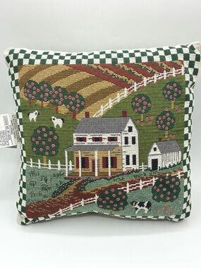 Vintage Farm Scene Tapestry Pillow Apple Orchard Cow USA Made